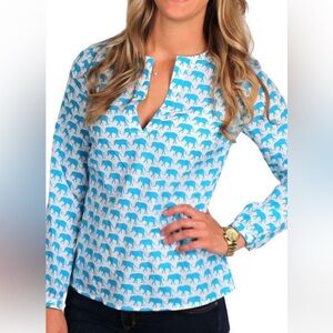 Elizabeth McKay The Brach Blouse Blue Elephant Print Top
